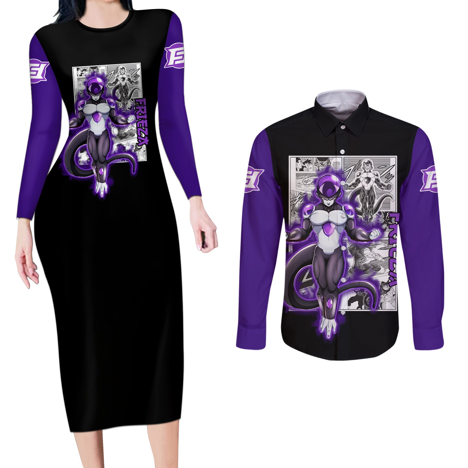 Black Frieza Couples Matching Long Sleeve Bodycon Dress and Long Sleeve Button Shirt Dragon Ball Mix Anime Manga