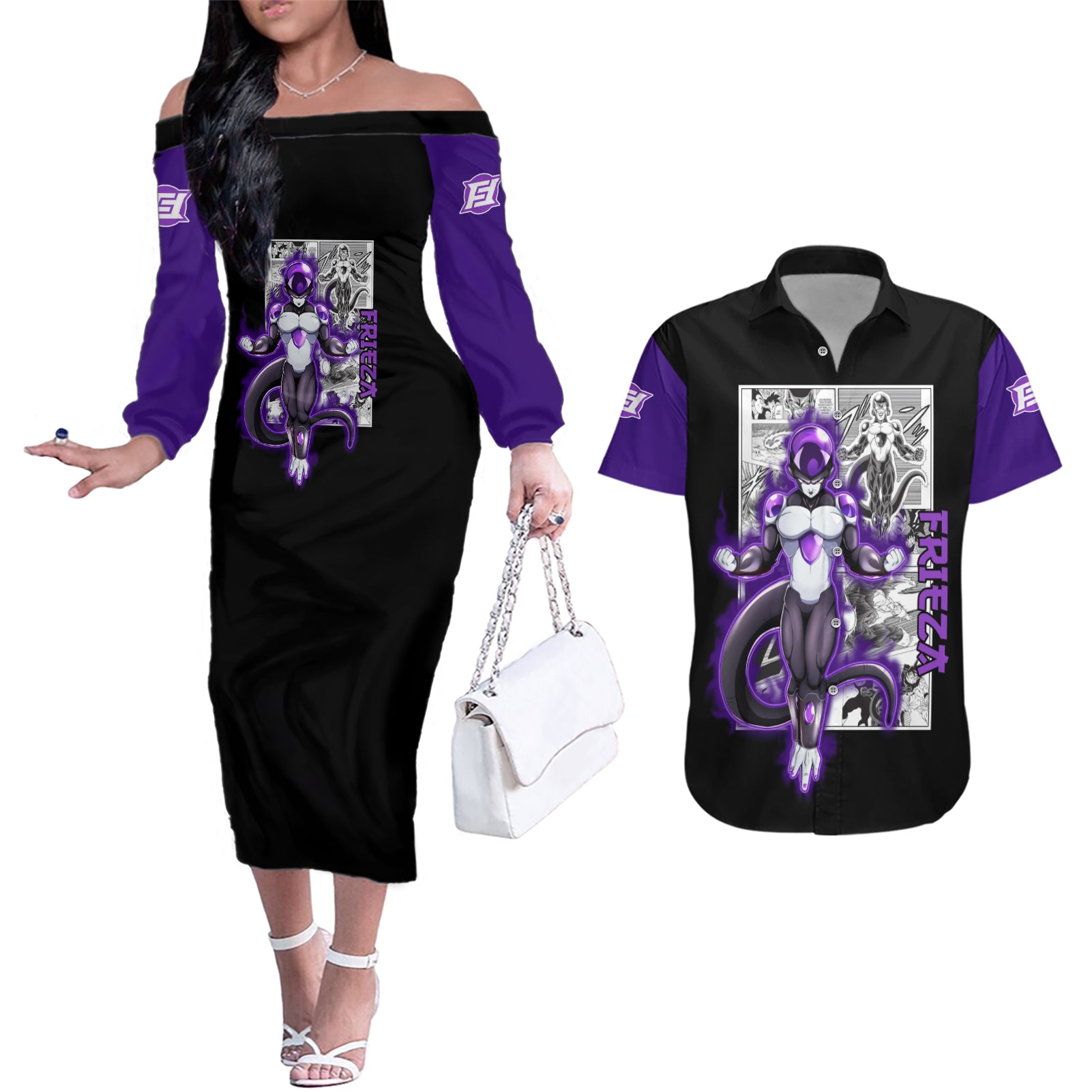 Black Frieza Couples Matching Off The Shoulder Long Sleeve Dress and Hawaiian Shirt Dragon Ball Mix Anime Manga