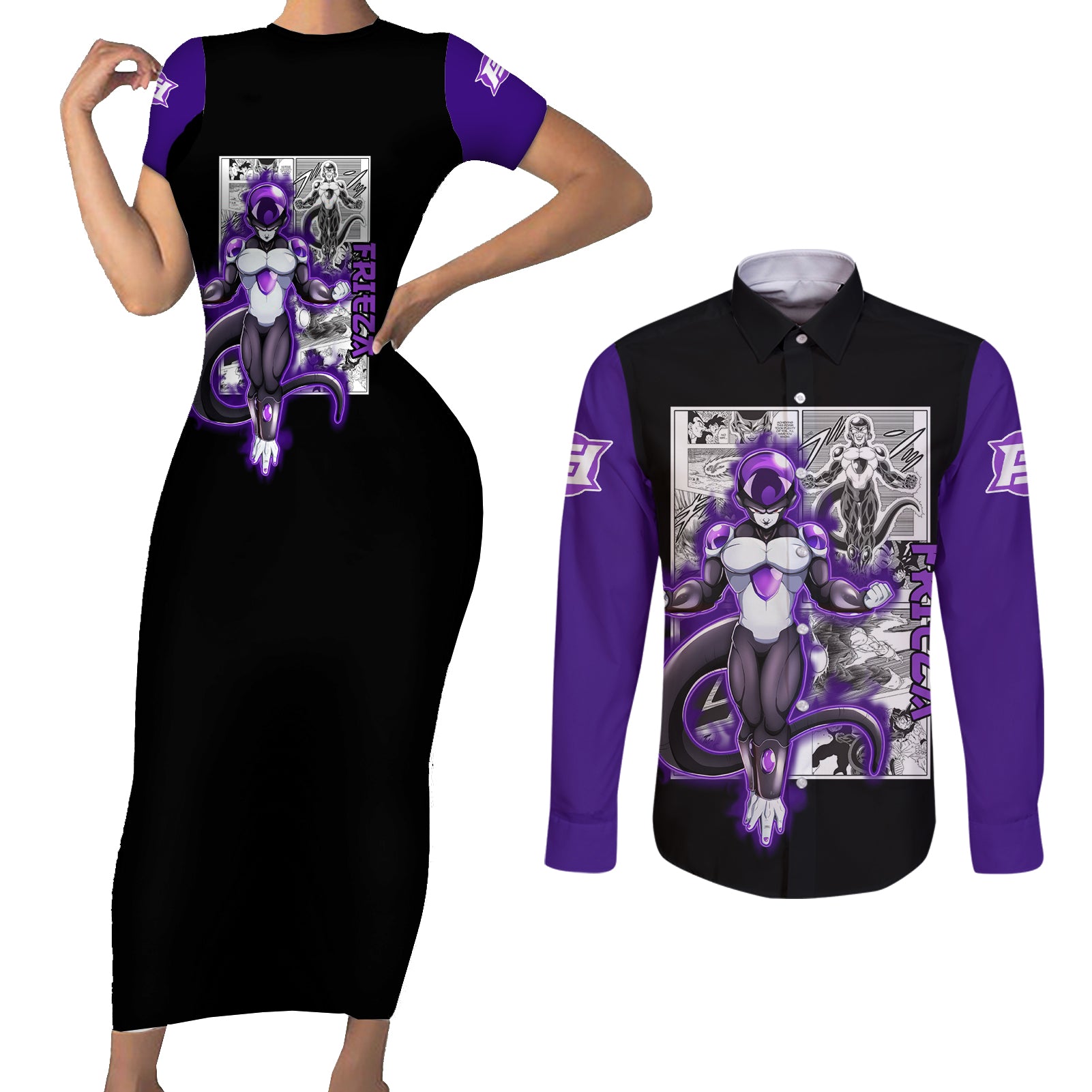 Black Frieza Couples Matching Short Sleeve Bodycon Dress and Long Sleeve Button Shirt Dragon Ball Mix Anime Manga