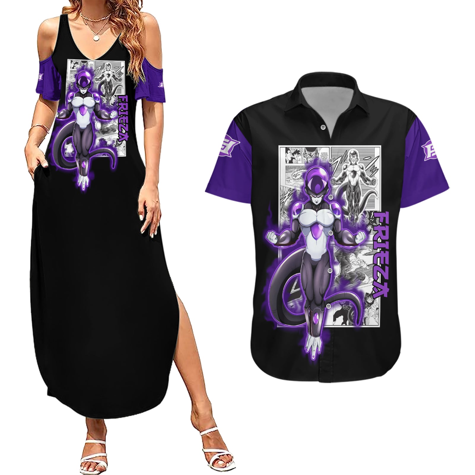 Black Frieza Couples Matching Summer Maxi Dress and Hawaiian Shirt Dragon Ball Mix Anime Manga