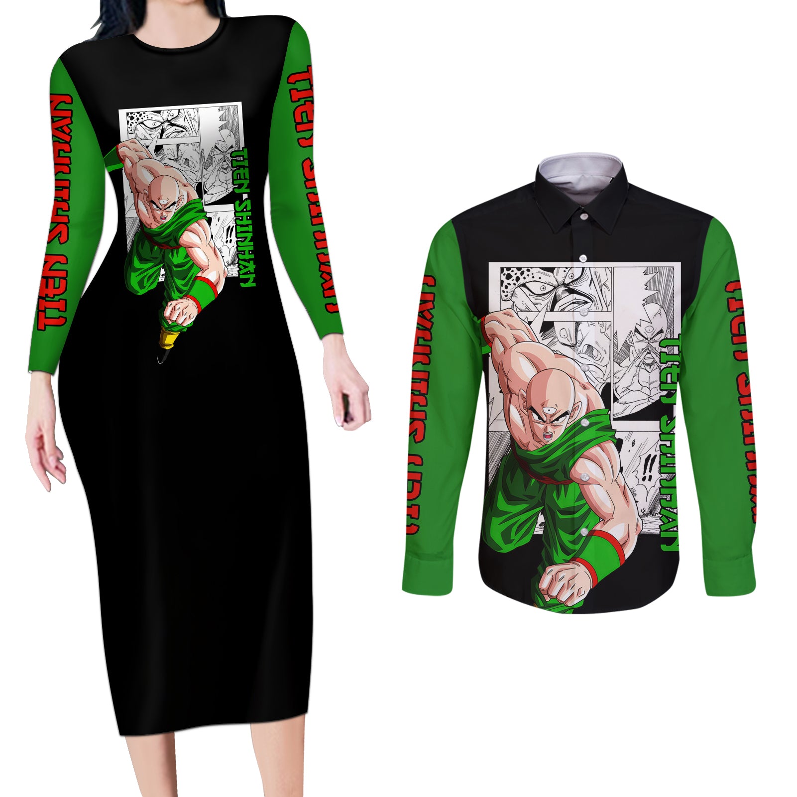 Tien Shinhan Couples Matching Long Sleeve Bodycon Dress and Long Sleeve Button Shirt Dragon Ball Mix Anime Manga