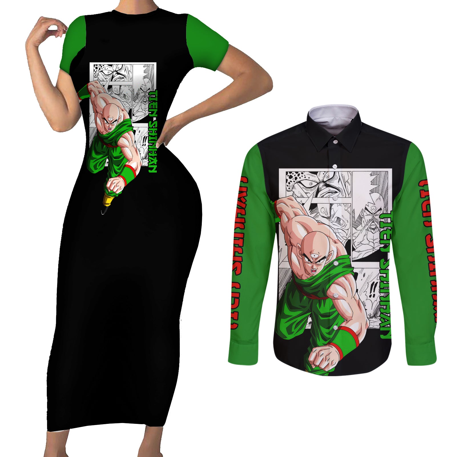 Tien Shinhan Couples Matching Short Sleeve Bodycon Dress and Long Sleeve Button Shirt Dragon Ball Mix Anime Manga