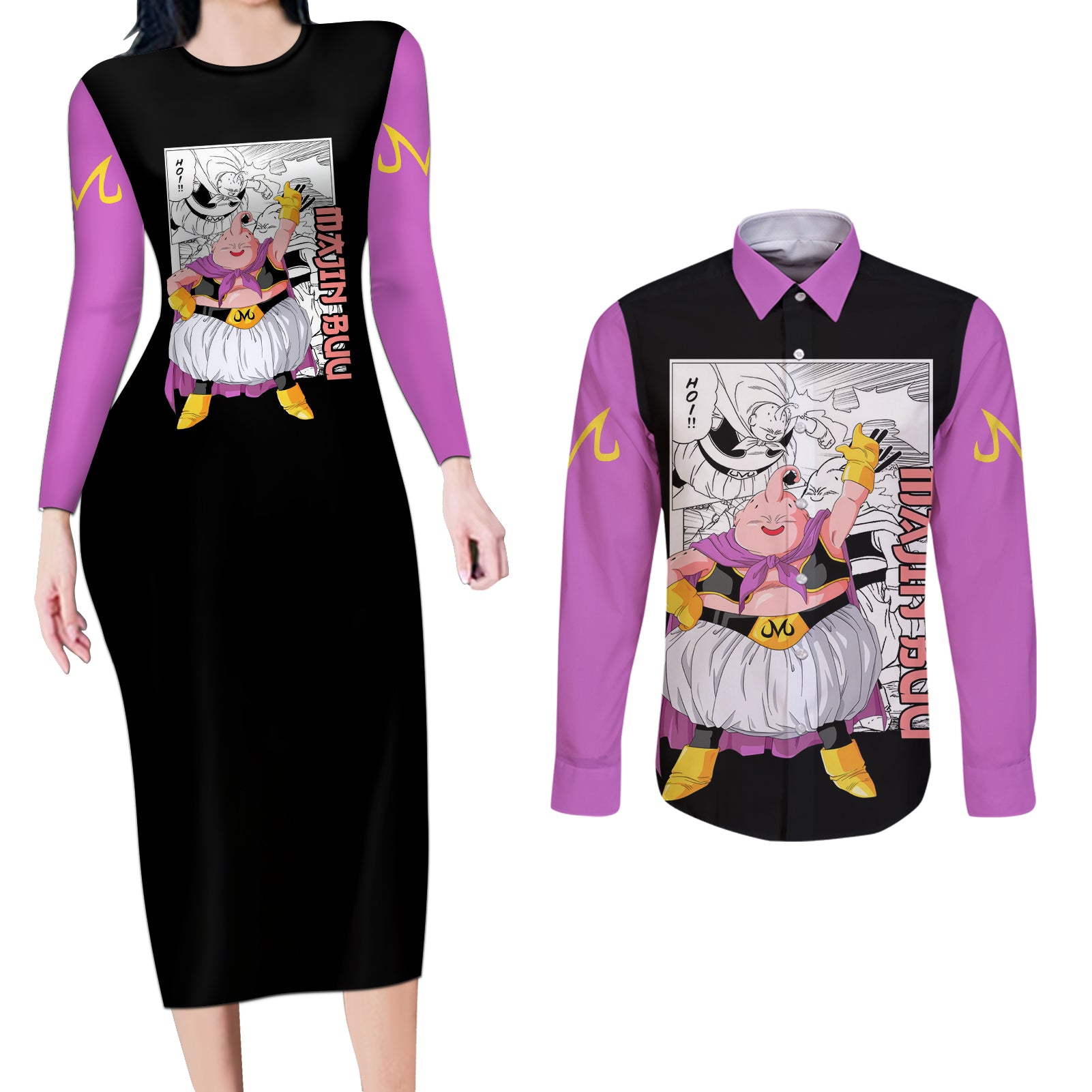 Majin Buu Couples Matching Long Sleeve Bodycon Dress and Long Sleeve Button Shirt Dragon Ball Mix Anime Manga