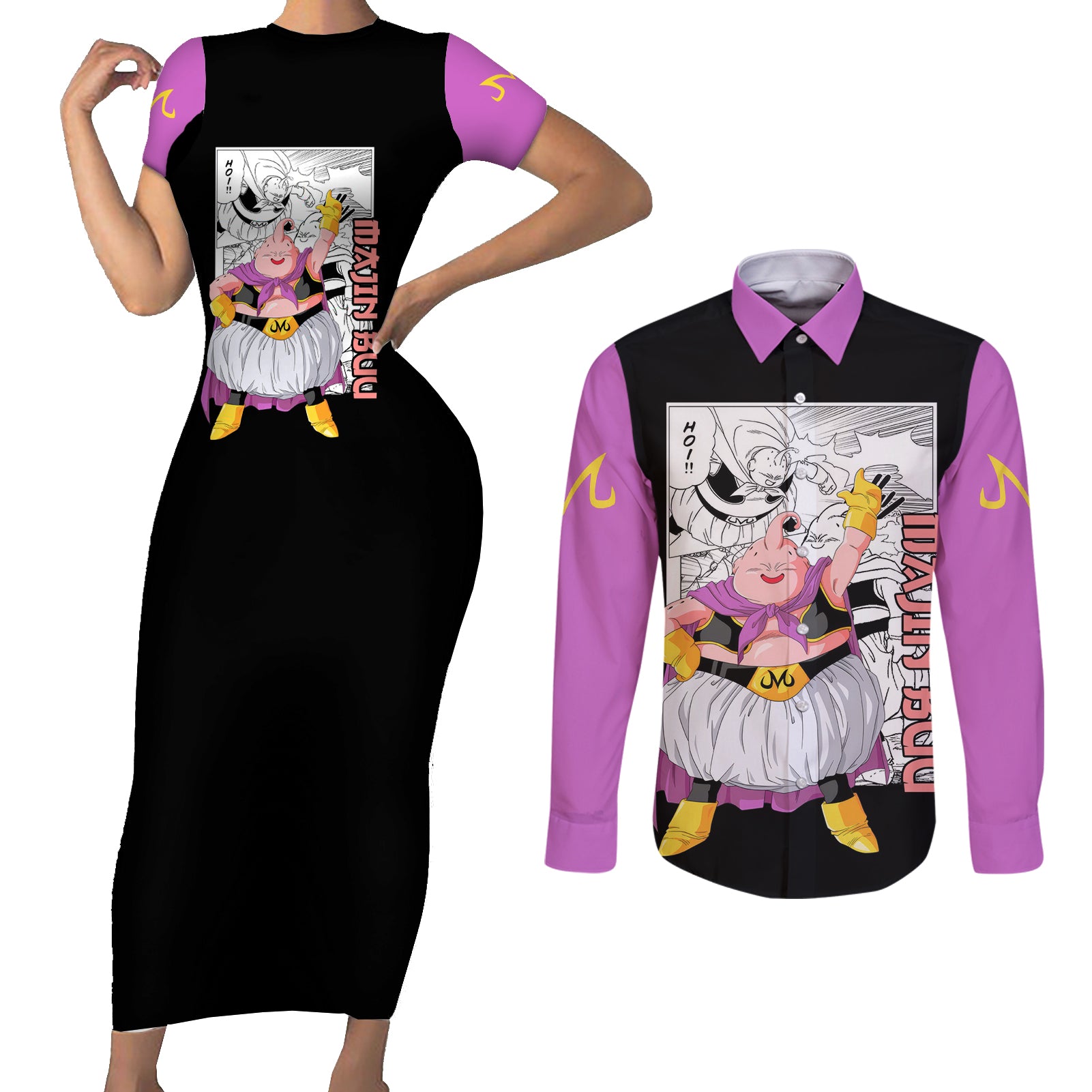 Majin Buu Couples Matching Short Sleeve Bodycon Dress and Long Sleeve Button Shirt Dragon Ball Mix Anime Manga