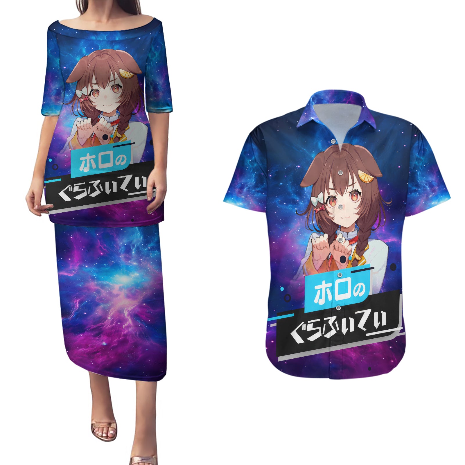 Inugami Korone Holo Live Couples Matching Puletasi and Hawaiian Shirt Galaxy Style