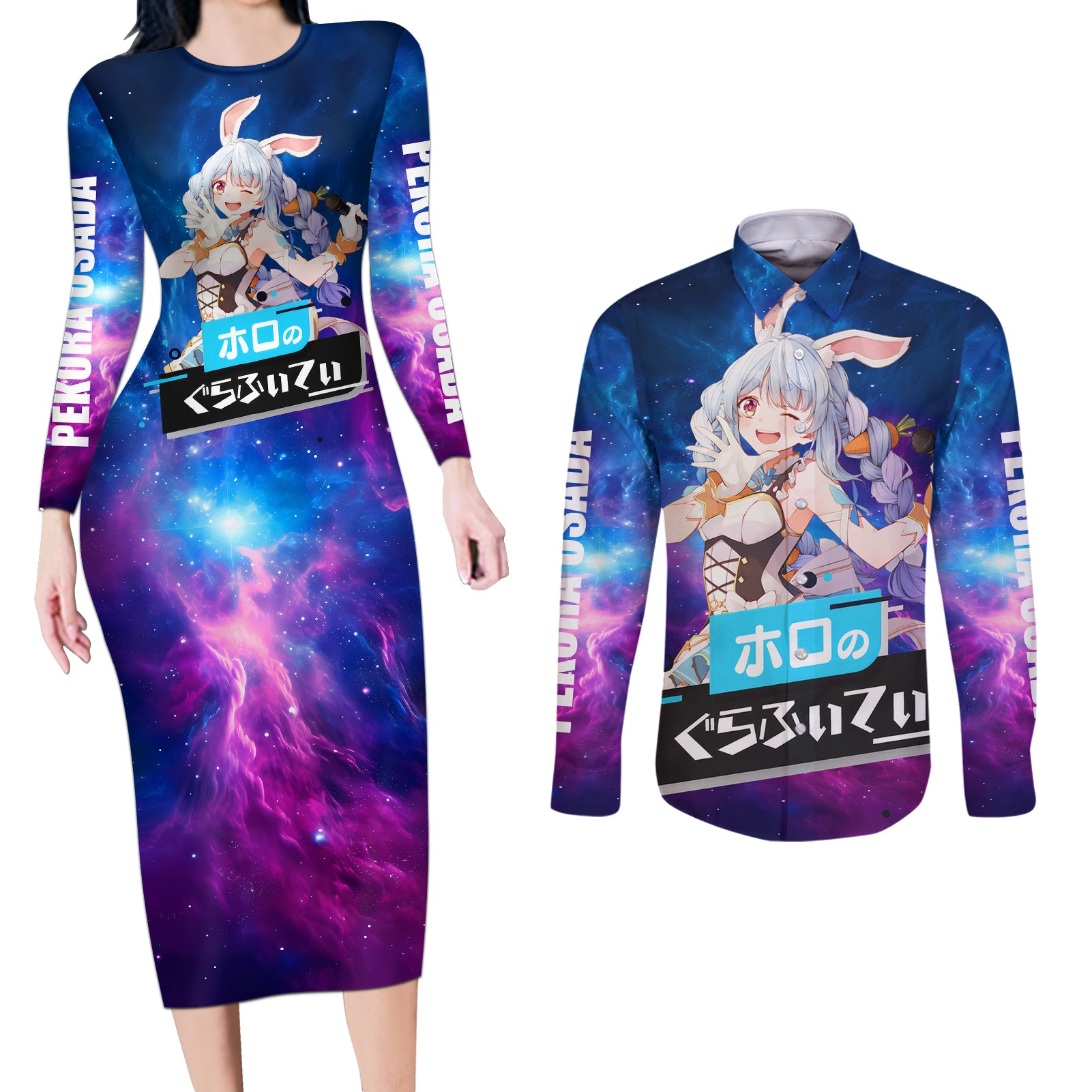 Pekora Usada Holo Live Couples Matching Long Sleeve Bodycon Dress and Long Sleeve Button Shirt Galaxy Style