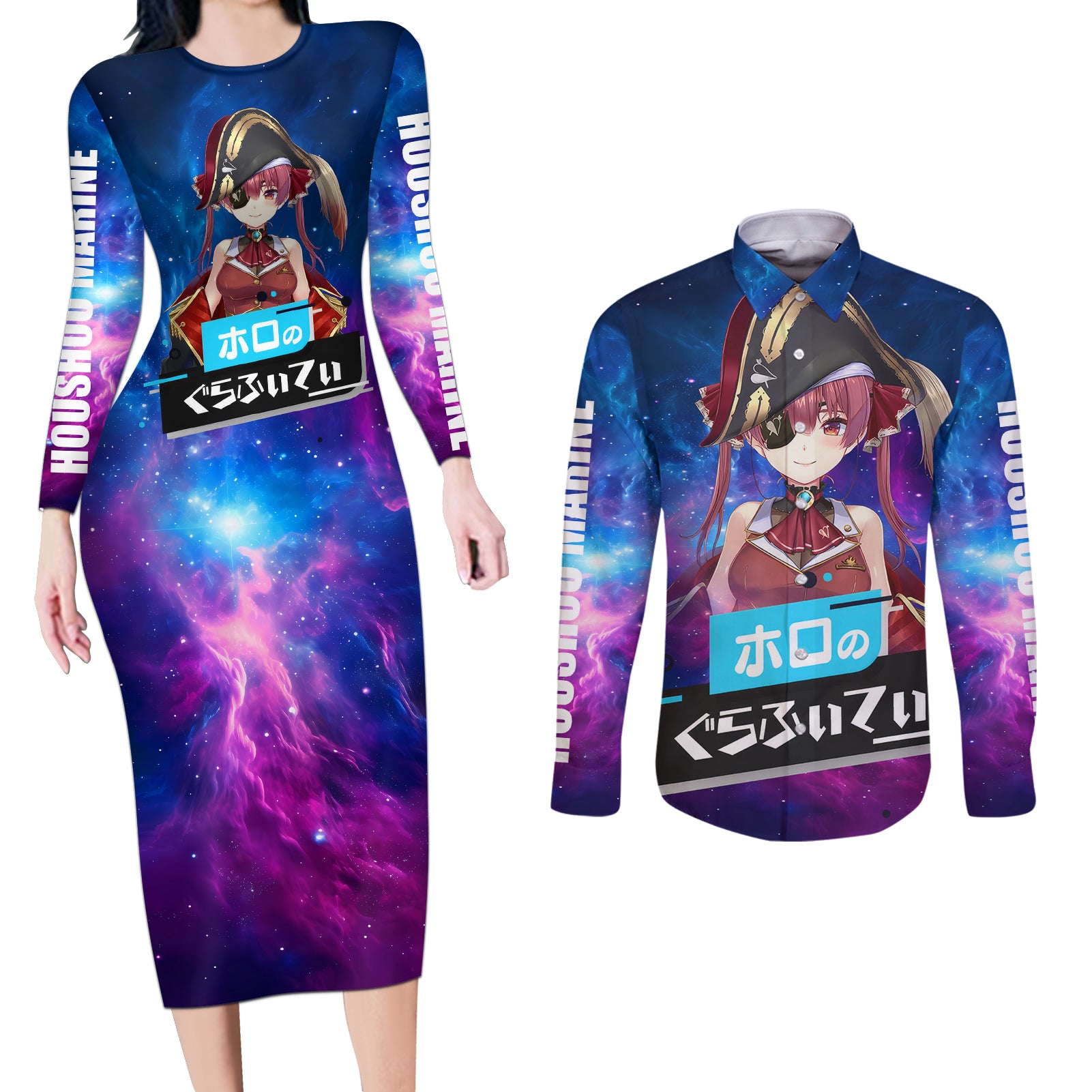 Houshou Marine Holo Live Couples Matching Long Sleeve Bodycon Dress and Long Sleeve Button Shirt Galaxy Style