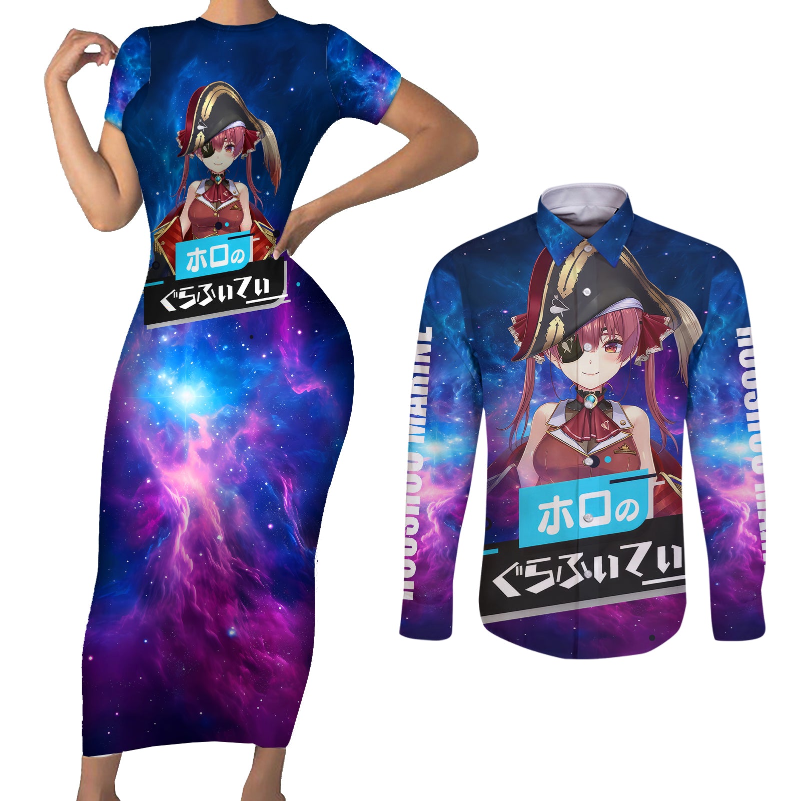 Houshou Marine Holo Live Couples Matching Short Sleeve Bodycon Dress and Long Sleeve Button Shirt Galaxy Style