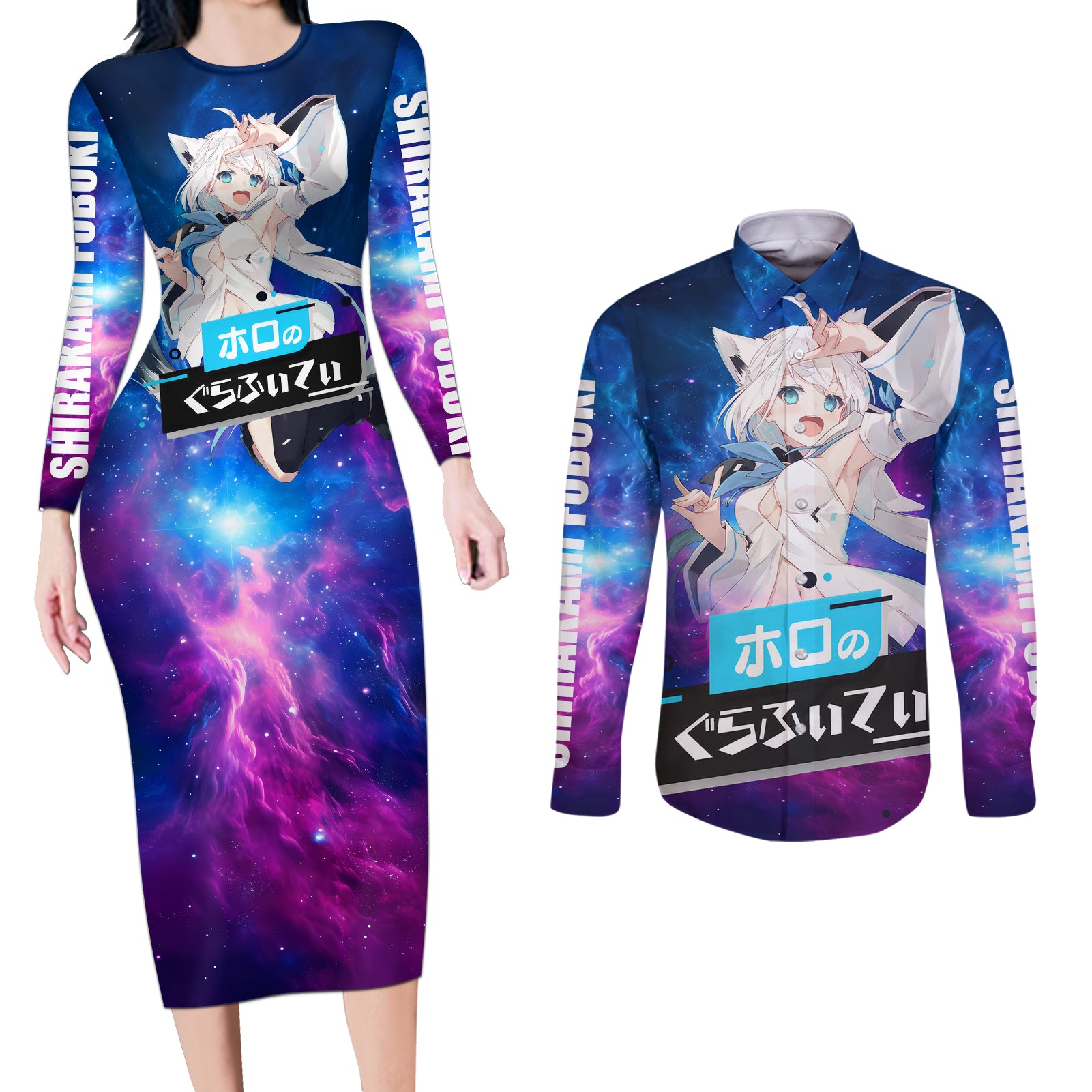 Shirakami Fubuki Holo Live Couples Matching Long Sleeve Bodycon Dress and Long Sleeve Button Shirt Galaxy Style