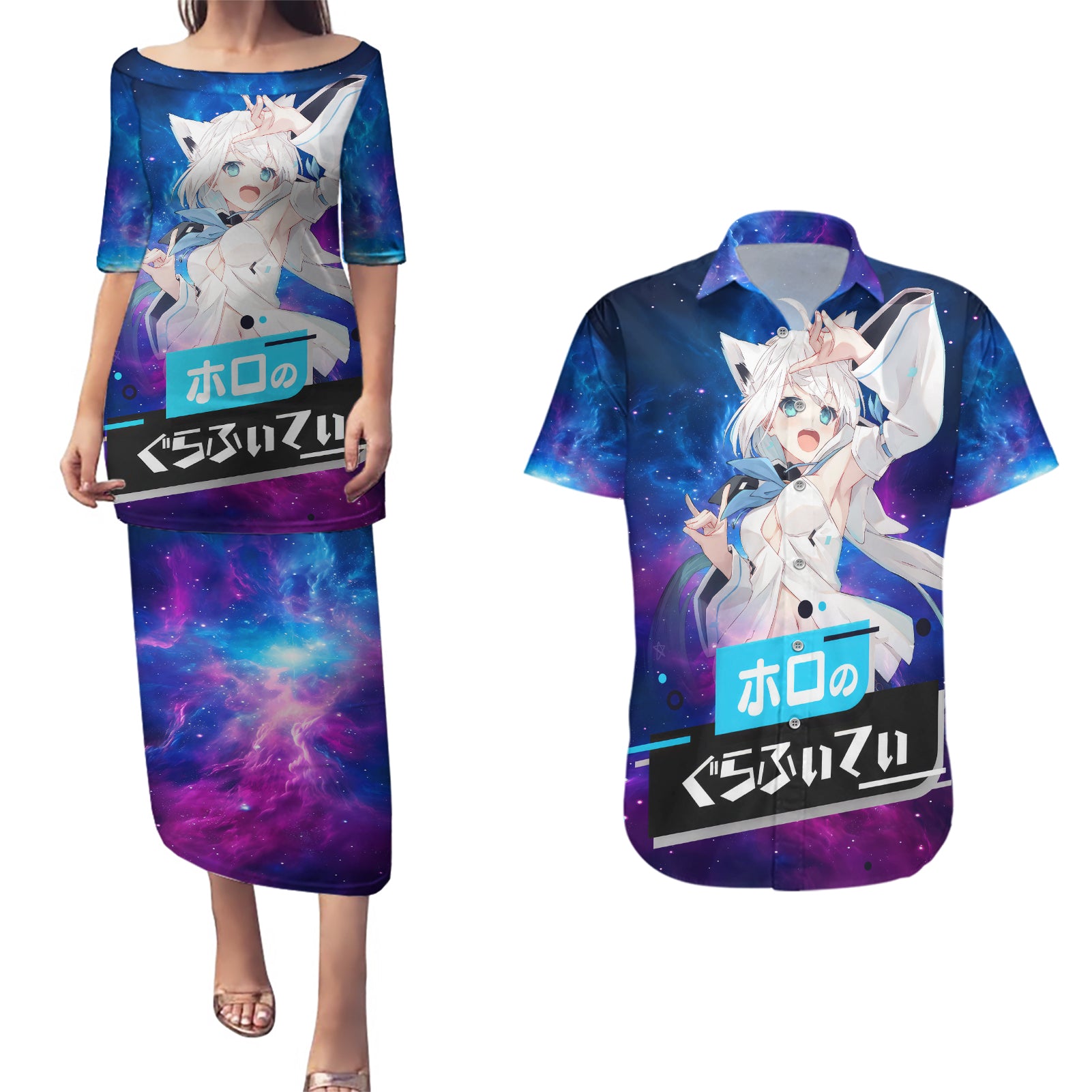 Shirakami Fubuki Holo Live Couples Matching Puletasi and Hawaiian Shirt Galaxy Style