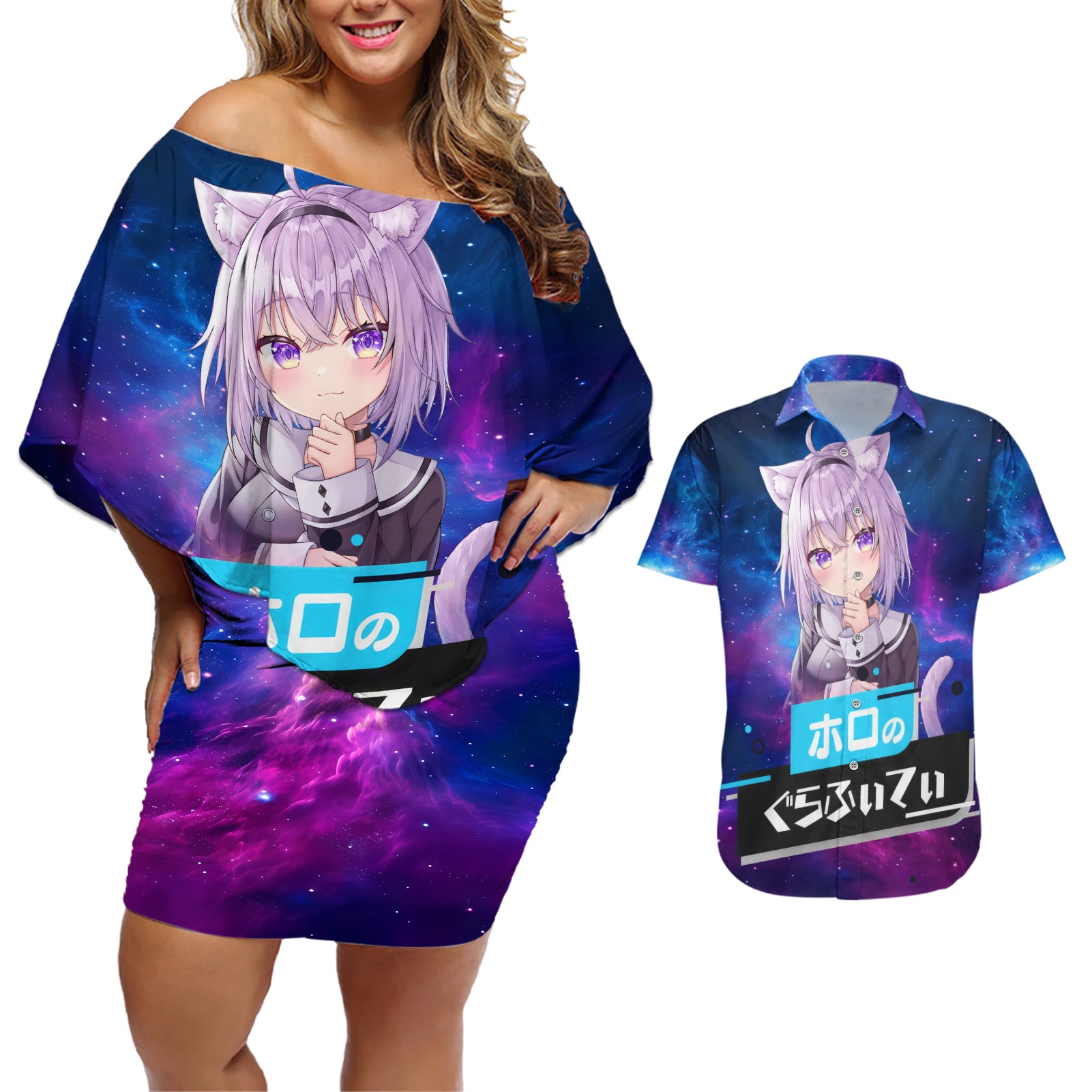 Nekomata Okayu Holo Live Couples Matching Off Shoulder Short Dress and Hawaiian Shirt Galaxy Style