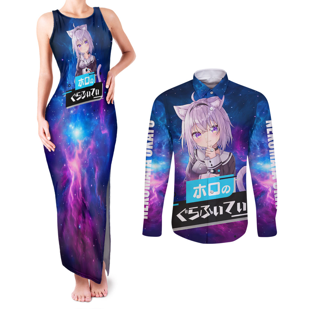 Nekomata Okayu Holo Live Couples Matching Tank Maxi Dress and Long Sleeve Button Shirt Galaxy Style