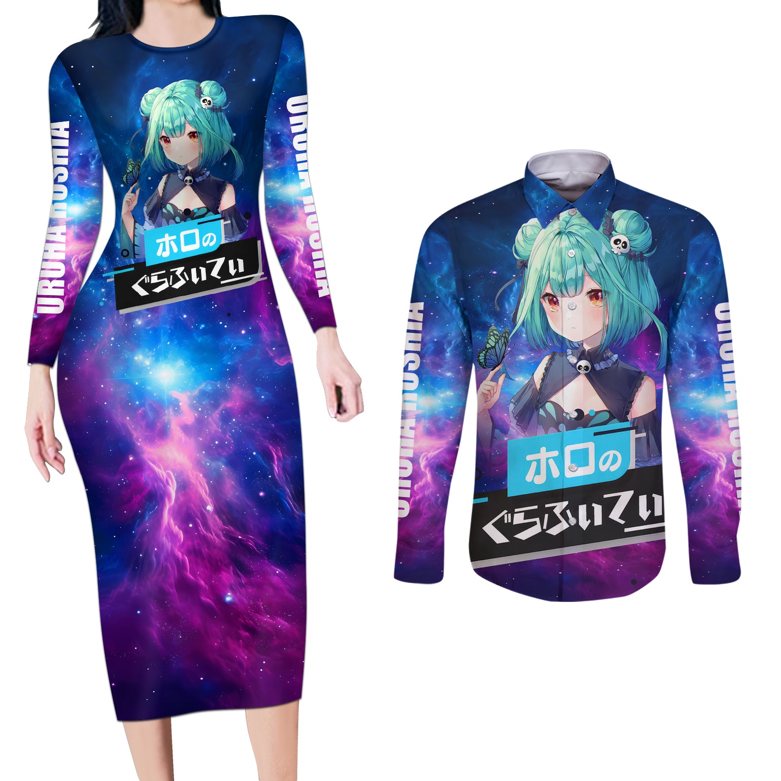 Uruha Rushia Holo Live Couples Matching Long Sleeve Bodycon Dress and Long Sleeve Button Shirt Galaxy Style