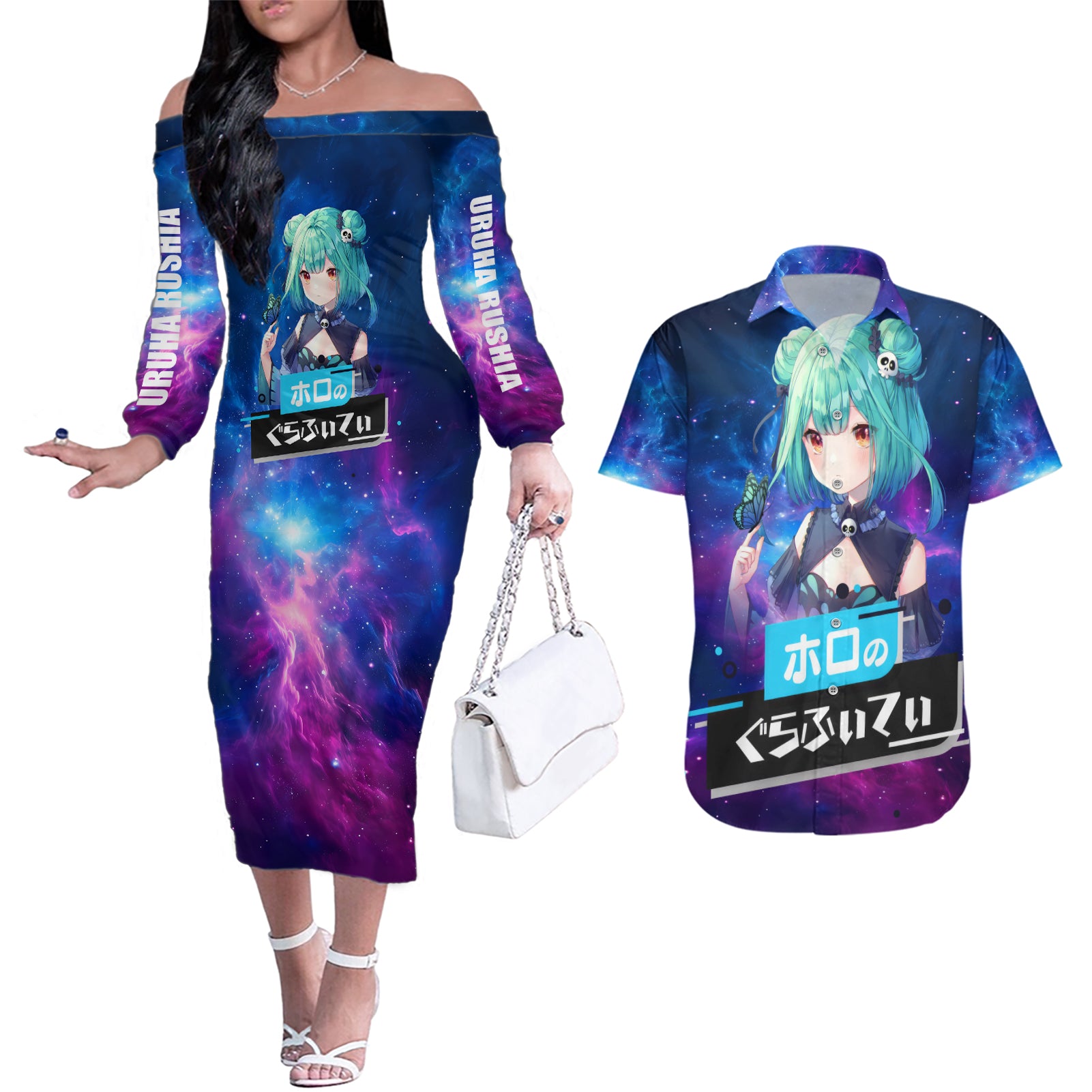 Uruha Rushia Holo Live Couples Matching Off The Shoulder Long Sleeve Dress and Hawaiian Shirt Galaxy Style