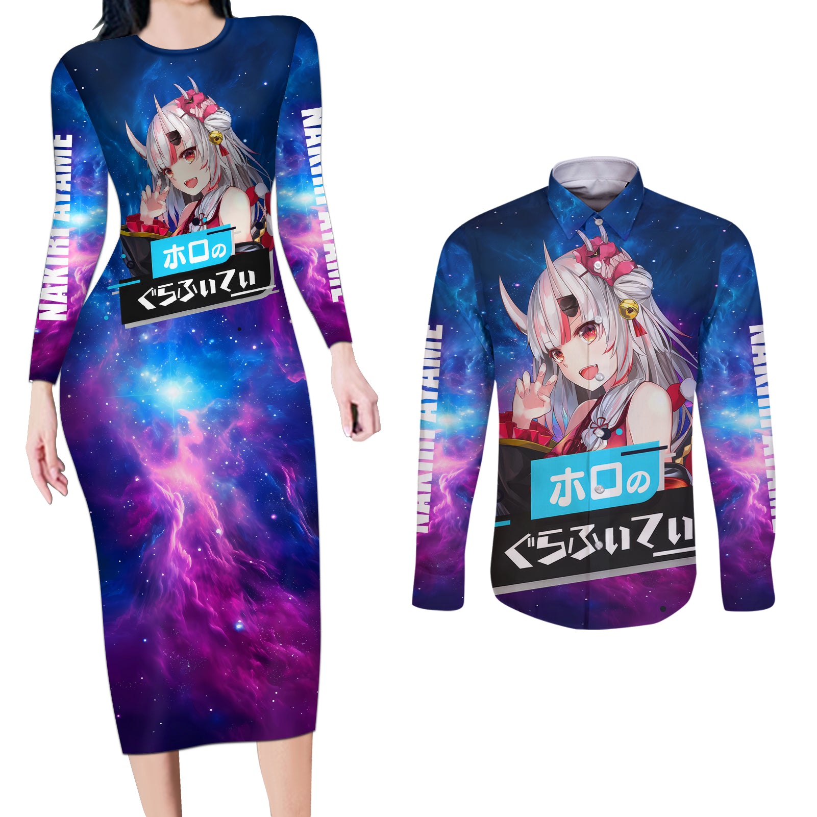 Nakiri Ayame Holo Live Couples Matching Long Sleeve Bodycon Dress and Long Sleeve Button Shirt Galaxy Style