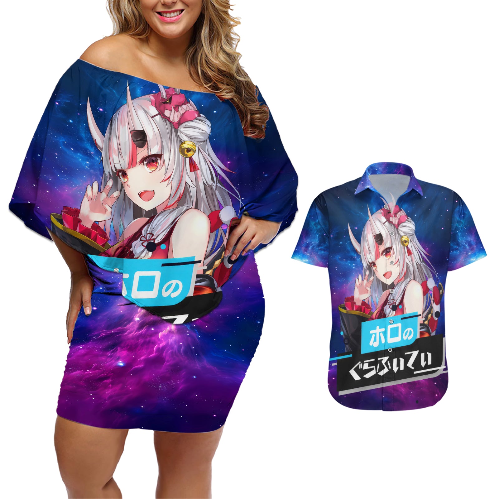 Nakiri Ayame Holo Live Couples Matching Off Shoulder Short Dress and Hawaiian Shirt Galaxy Style