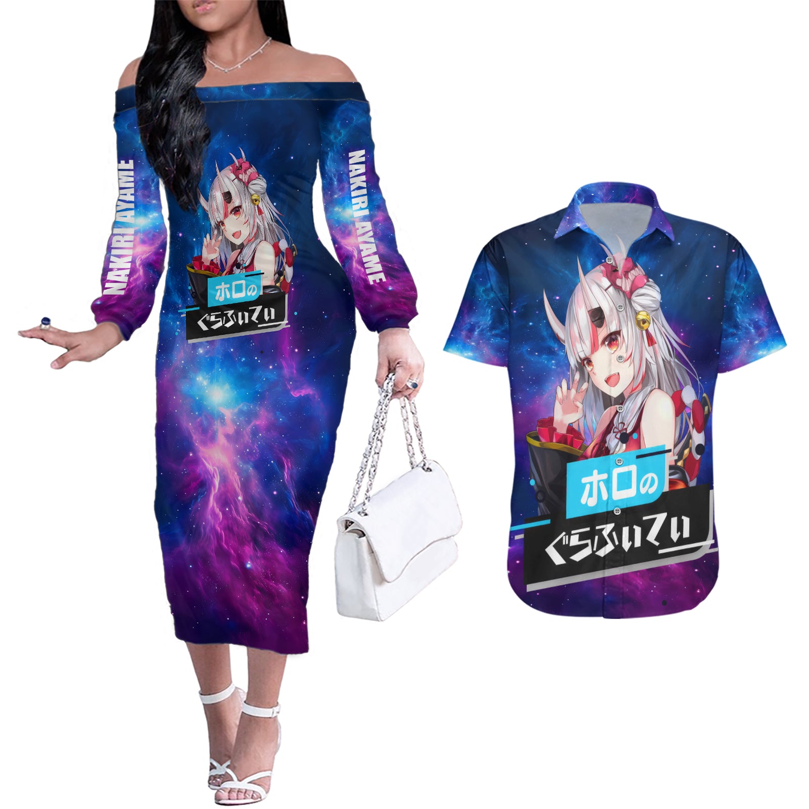 Nakiri Ayame Holo Live Couples Matching Off The Shoulder Long Sleeve Dress and Hawaiian Shirt Galaxy Style