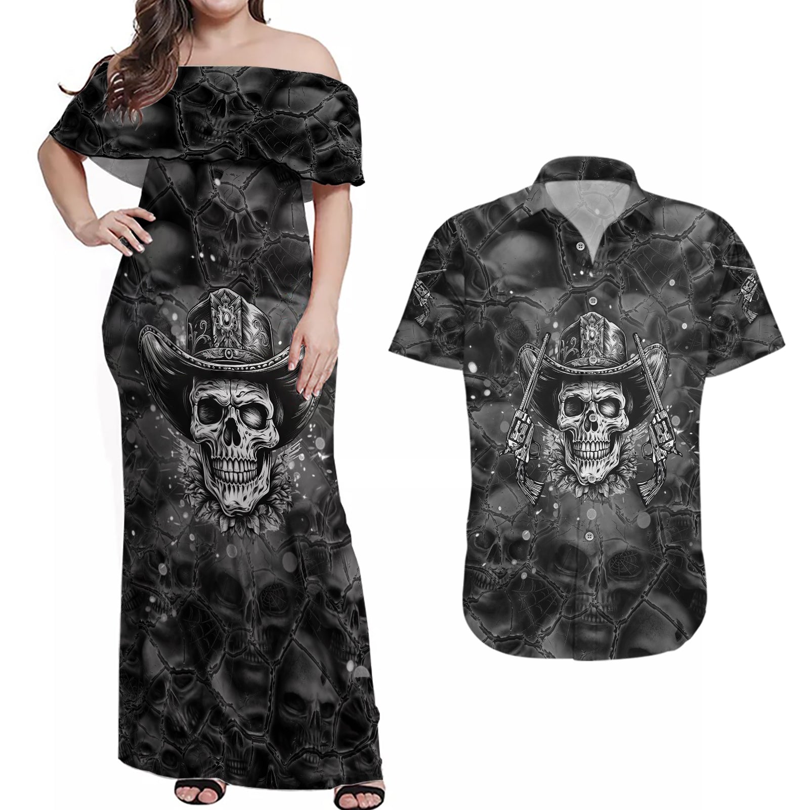 cowboy-skull-couples-matching-off-shoulder-maxi-dress-and-hawaiian-shirt-cowboy-take-me-away