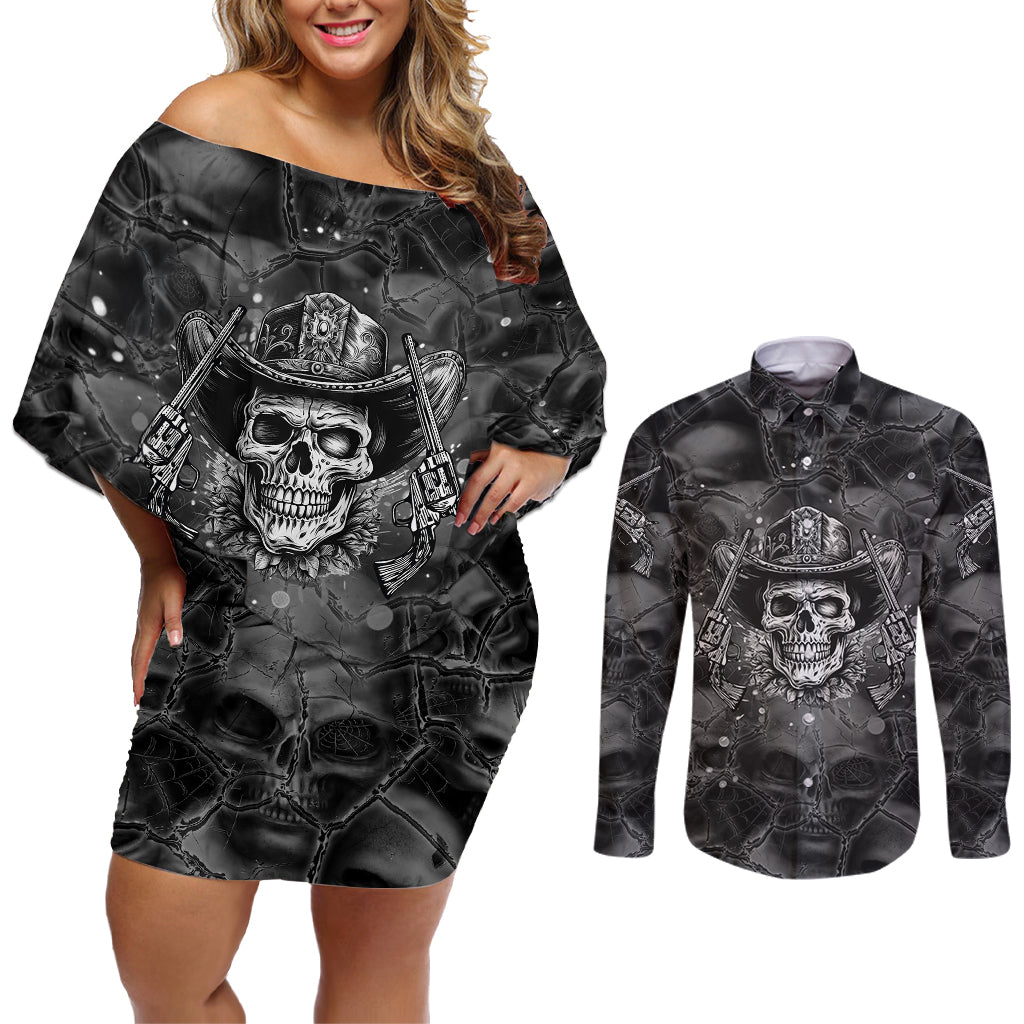 cowboy-skull-couples-matching-off-shoulder-short-dress-and-long-sleeve-button-shirts-cowboy-take-me-away