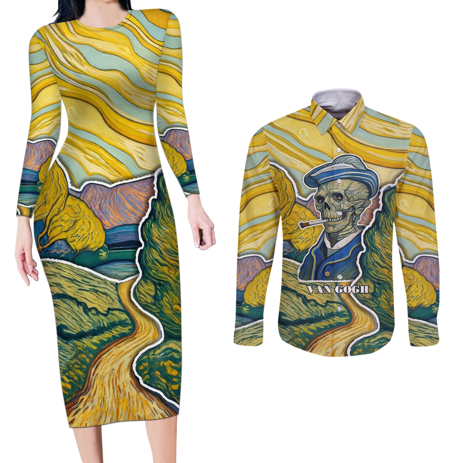 vincent-van-gogh-skull-couples-matching-long-sleeve-bodycon-dress-and-long-sleeve-button-shirts