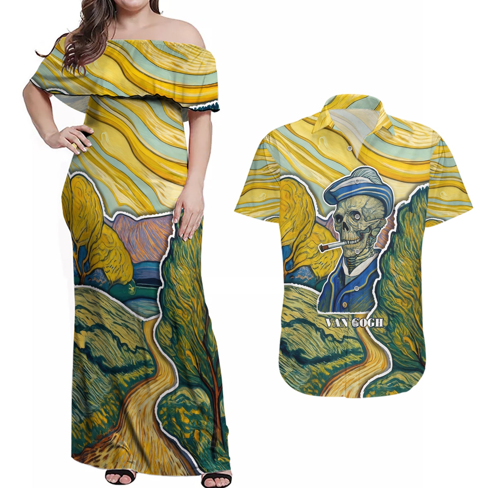 vincent-van-gogh-skull-couples-matching-off-shoulder-maxi-dress-and-hawaiian-shirt