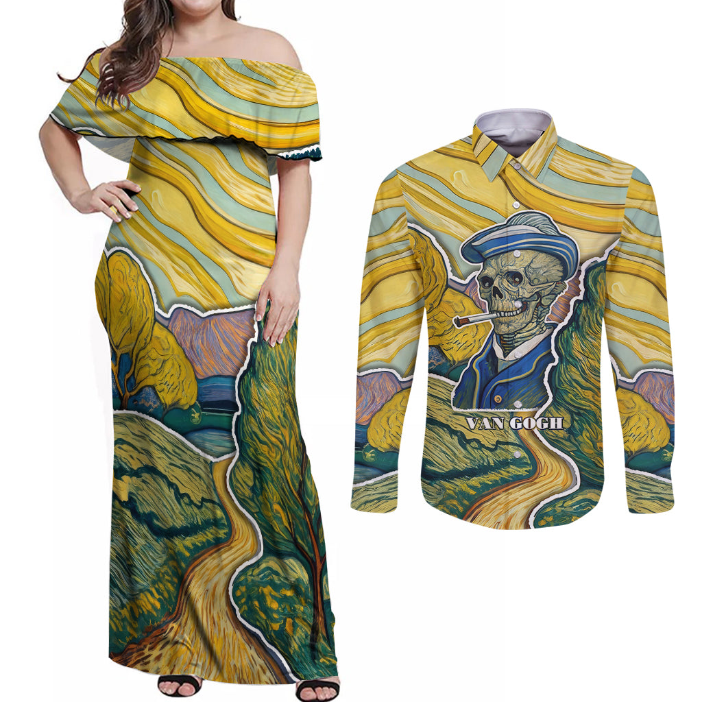 vincent-van-gogh-skull-couples-matching-off-shoulder-maxi-dress-and-long-sleeve-button-shirts