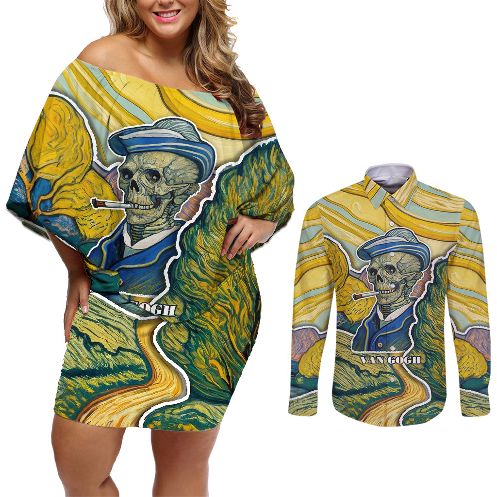 vincent-van-gogh-skull-couples-matching-off-shoulder-short-dress-and-long-sleeve-button-shirts