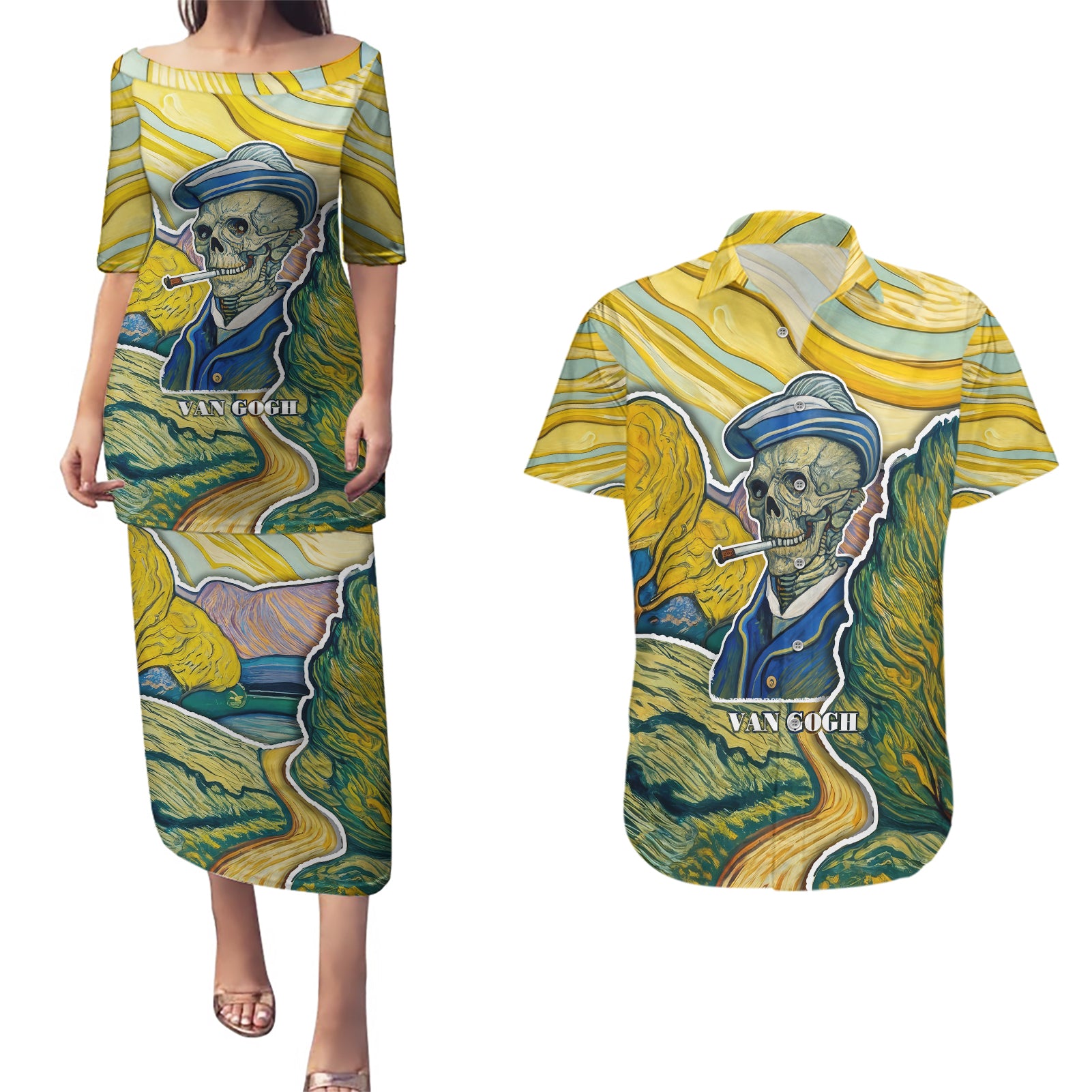 vincent-van-gogh-skull-couples-matching-puletasi-dress-and-hawaiian-shirt