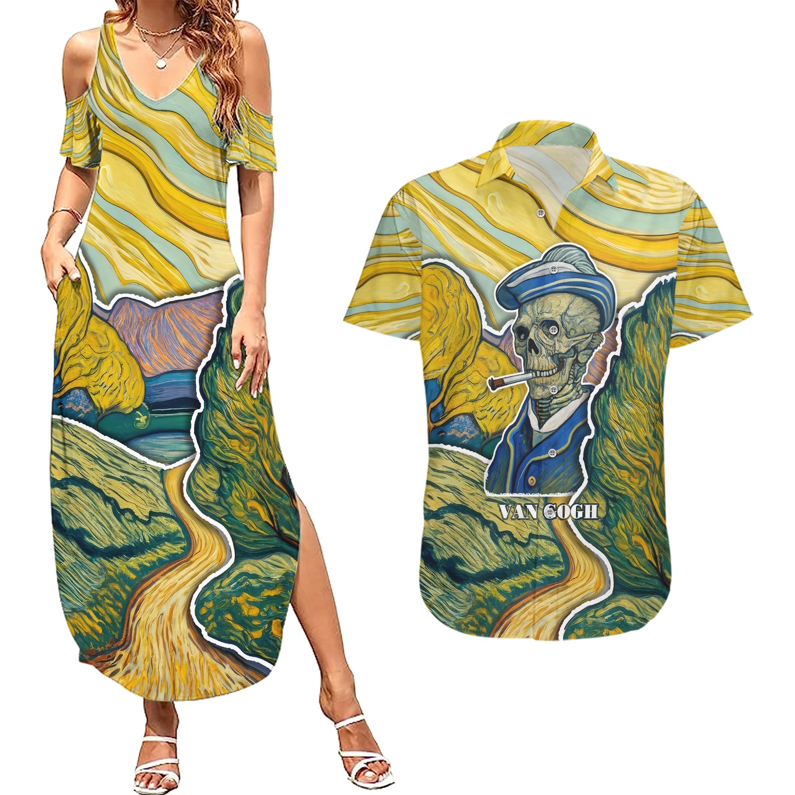 vincent-van-gogh-skull-couples-matching-summer-maxi-dress-and-hawaiian-shirt