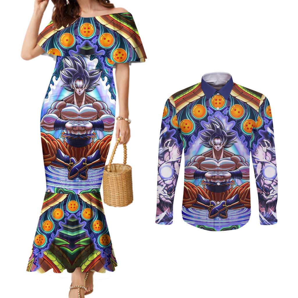 Trippy Ultra Instinct Goku Dragon Ball Z Couples Matching Mermaid Dress and Long Sleeve Button Shirt Anime Trippy Style