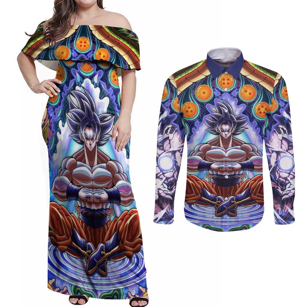 Trippy Ultra Instinct Goku Dragon Ball Z Couples Matching Off Shoulder Maxi Dress and Long Sleeve Button Shirt Anime Trippy Style