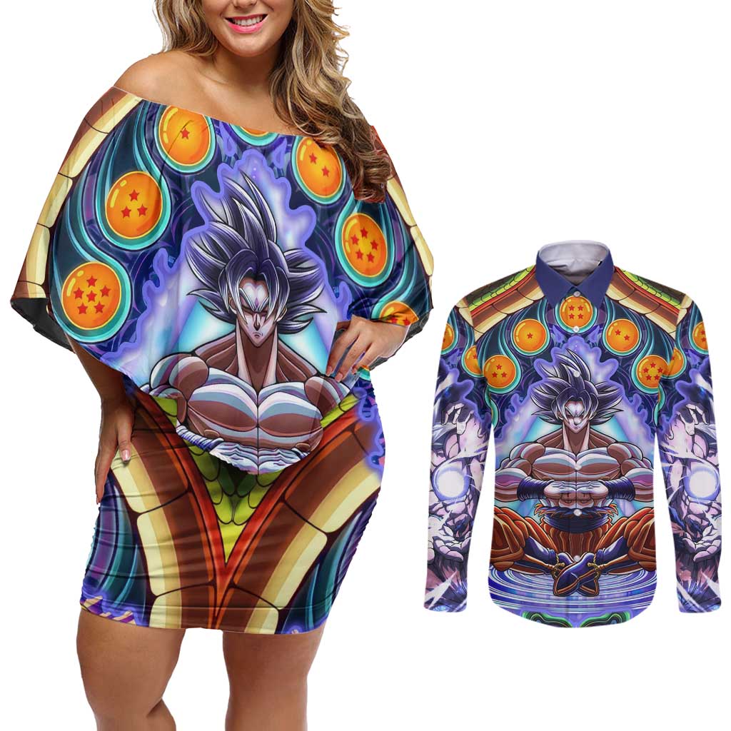 Trippy Ultra Instinct Goku Dragon Ball Z Couples Matching Off Shoulder Short Dress and Long Sleeve Button Shirt Anime Trippy Style