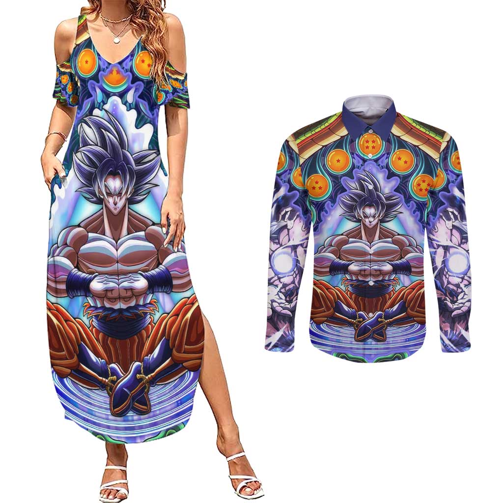 Trippy Ultra Instinct Goku Dragon Ball Z Couples Matching Summer Maxi Dress and Long Sleeve Button Shirt Anime Trippy Style