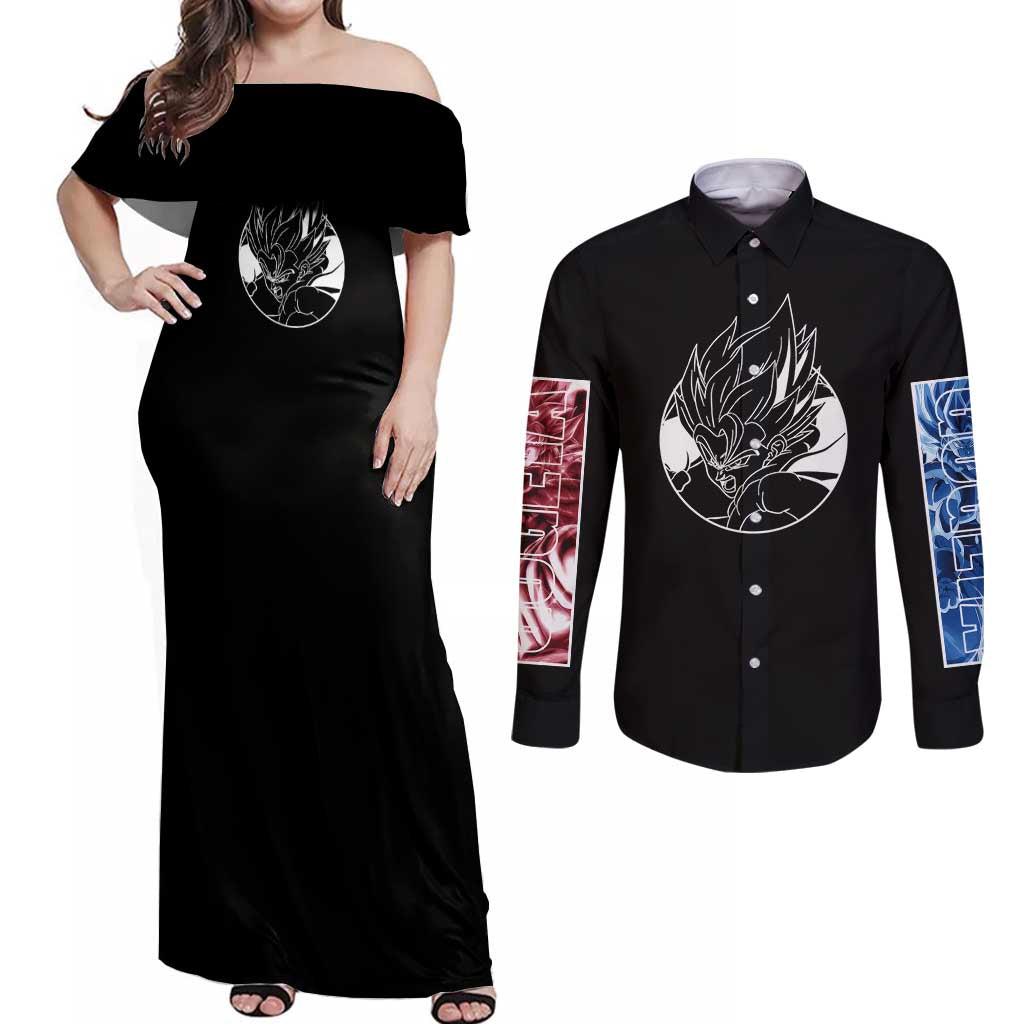 Gogeta Dragon Ball Z Couples Matching Off Shoulder Maxi Dress and Long Sleeve Button Shirt Anime Style