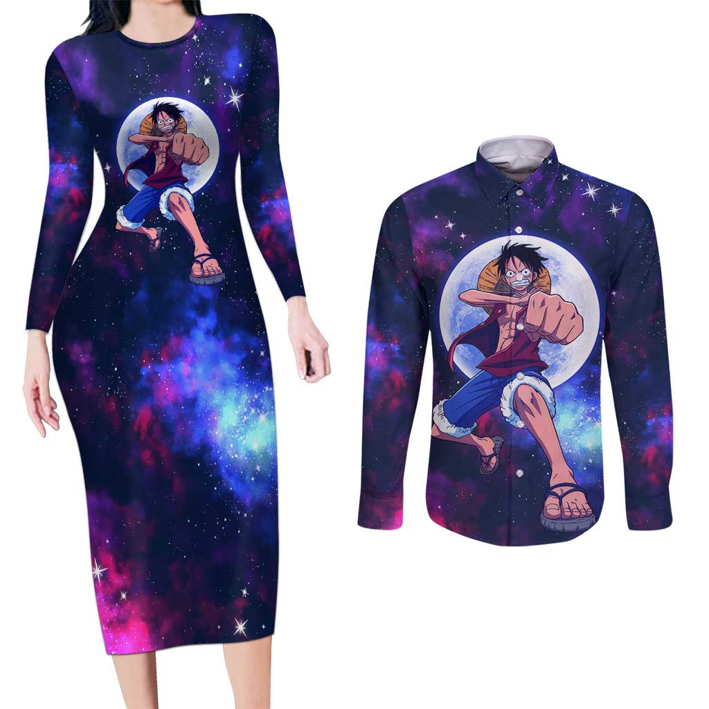 One Piece Lunar Ring Luffy Couples Matching Long Sleeve Bodycon Dress and Long Sleeve Button Shirt Anime Style