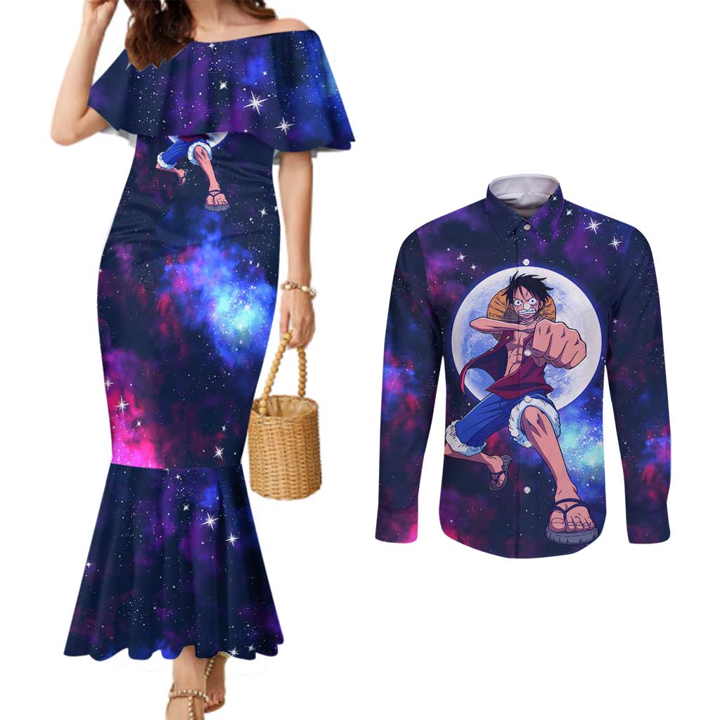 One Piece Lunar Ring Luffy Couples Matching Mermaid Dress and Long Sleeve Button Shirt Anime Style