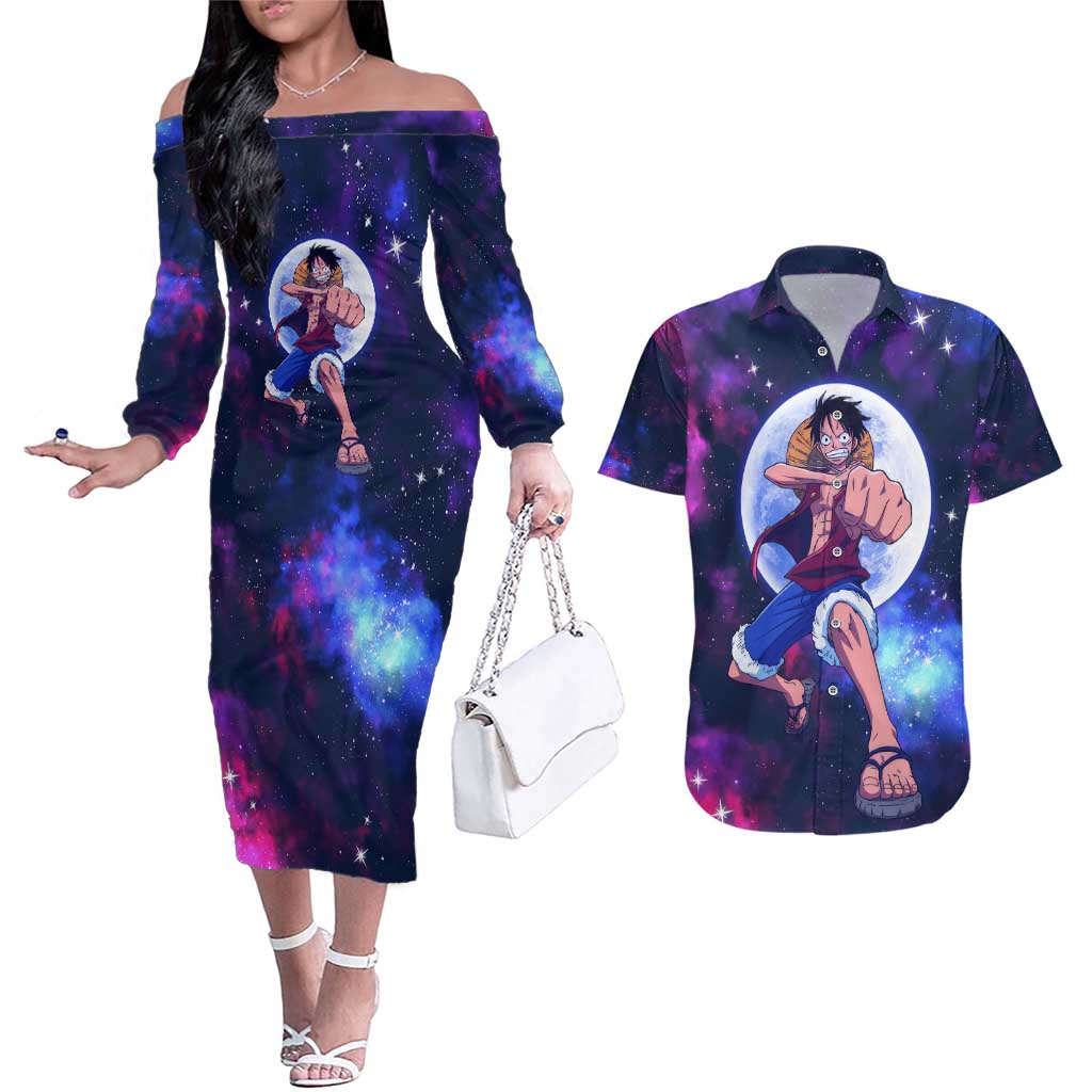 One Piece Lunar Ring Luffy Couples Matching Off The Shoulder Long Sleeve Dress and Hawaiian Shirt Anime Style