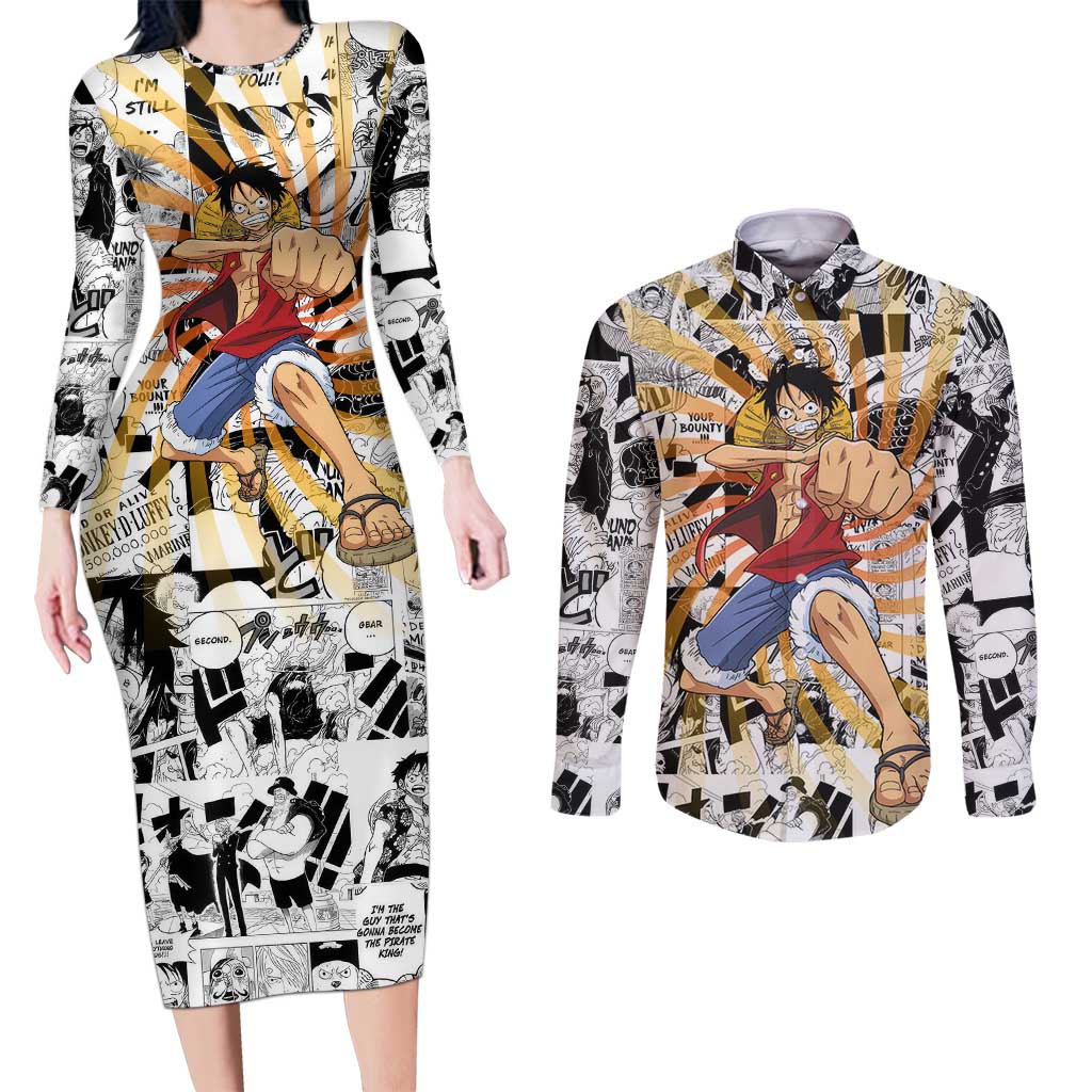 One Piece Blazing Force Luffy Couples Matching Long Sleeve Bodycon Dress and Long Sleeve Button Shirt Anime Mix Manga Style