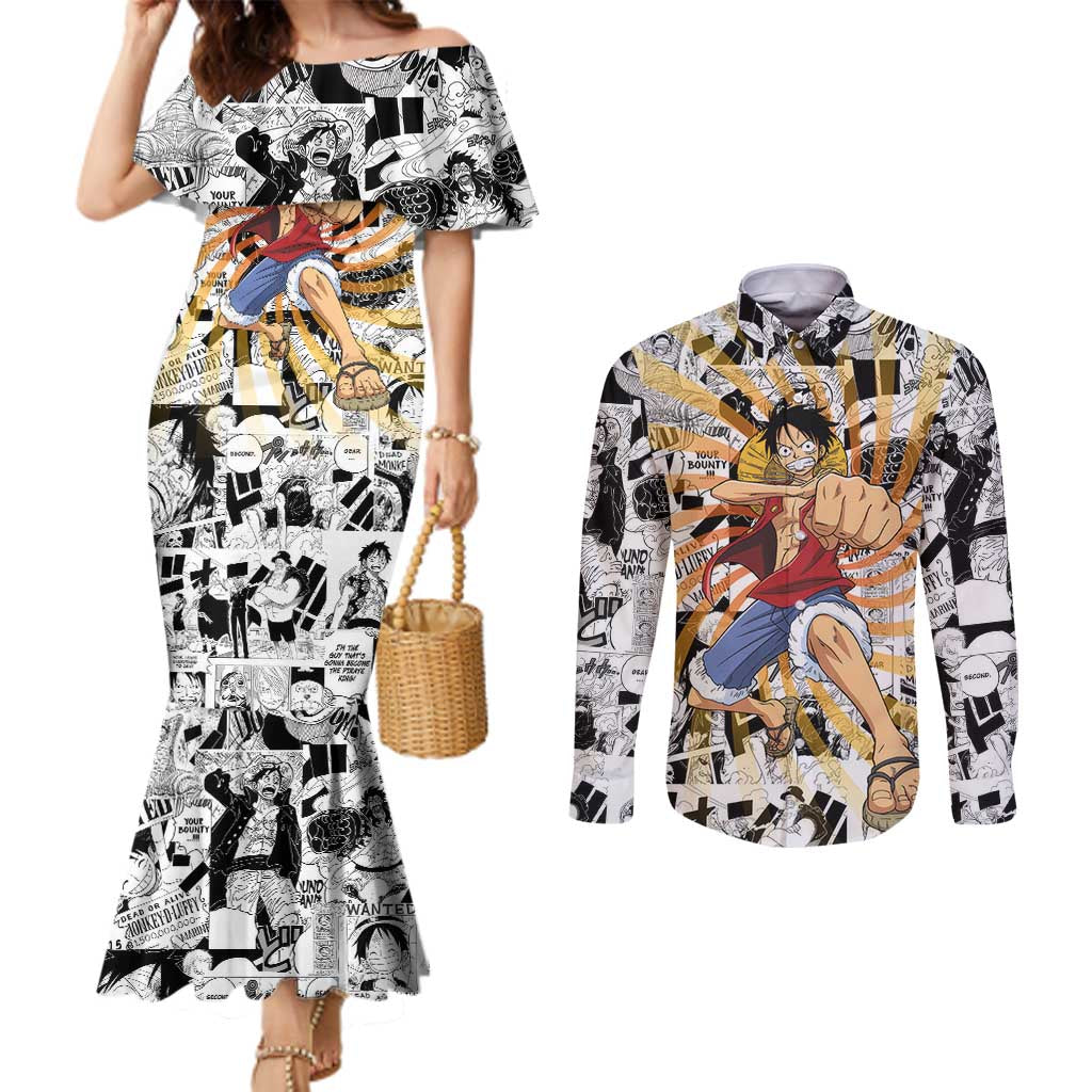 One Piece Blazing Force Luffy Couples Matching Mermaid Dress and Long Sleeve Button Shirt Anime Mix Manga Style