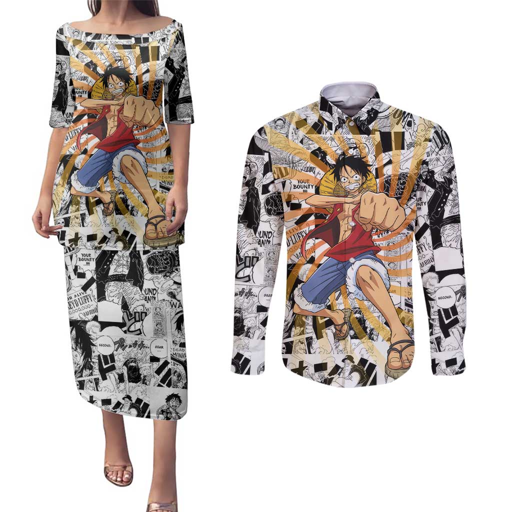 One Piece Blazing Force Luffy Couples Matching Puletasi and Long Sleeve Button Shirt Anime Mix Manga Style