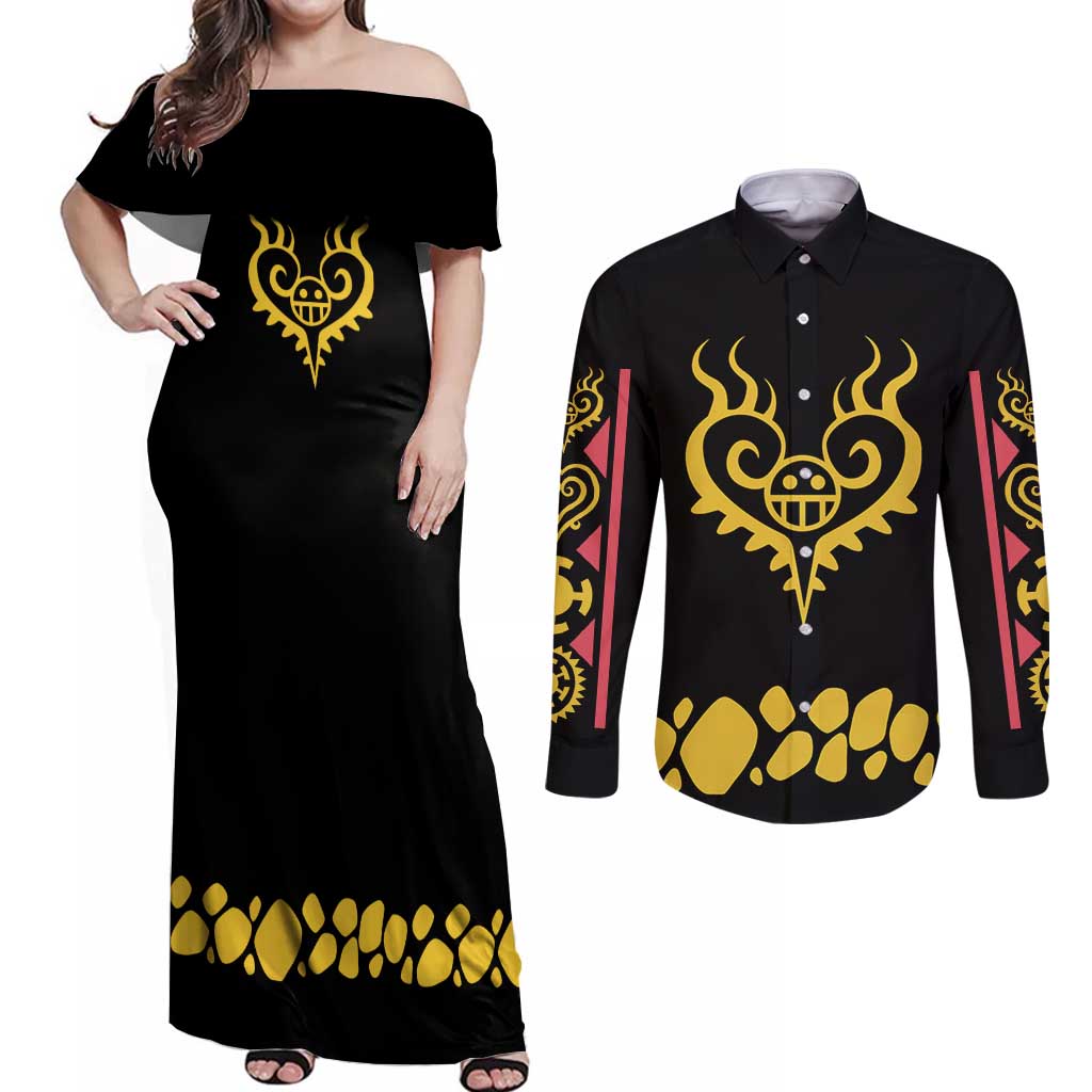 Trafalgar D. Law V2 One Piece Couples Matching Off Shoulder Maxi Dress and Long Sleeve Button Shirt Anime Style