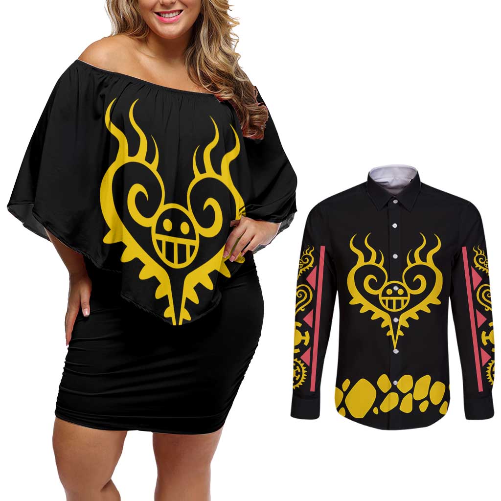 Trafalgar D. Law V2 One Piece Couples Matching Off Shoulder Short Dress and Long Sleeve Button Shirt Anime Style