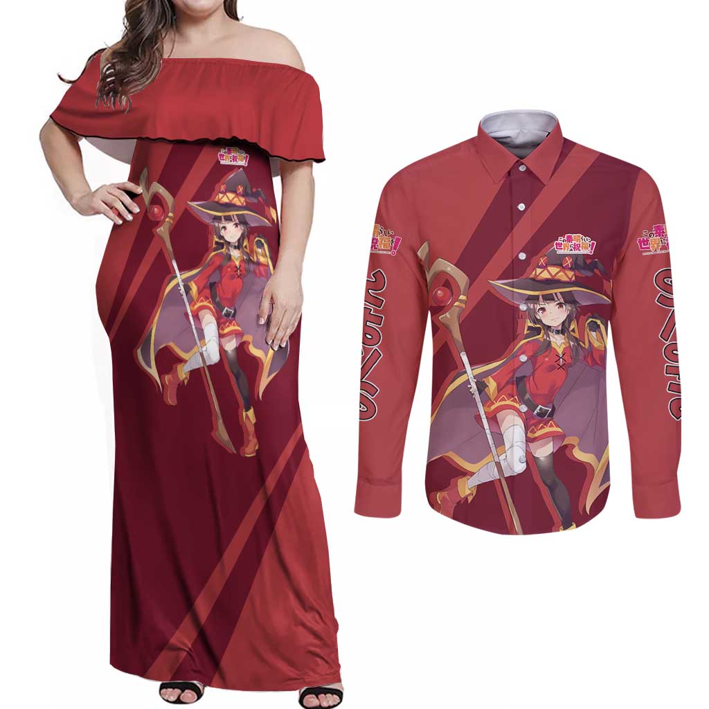 Megumin - KonoSuba Couples Matching Off Shoulder Maxi Dress and Long Sleeve Button Shirt Anime Style TS04