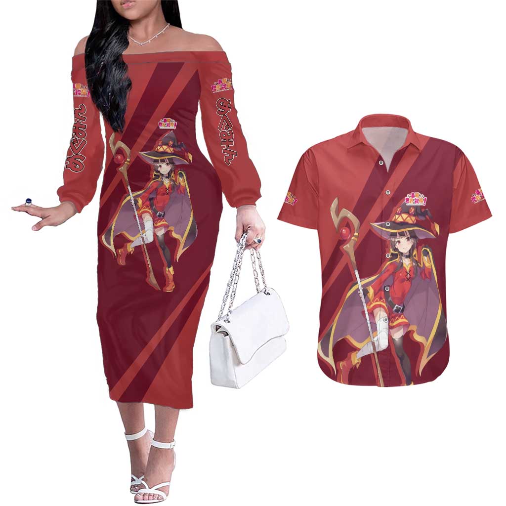 Megumin - KonoSuba Couples Matching Off The Shoulder Long Sleeve Dress and Hawaiian Shirt Anime Style TS04