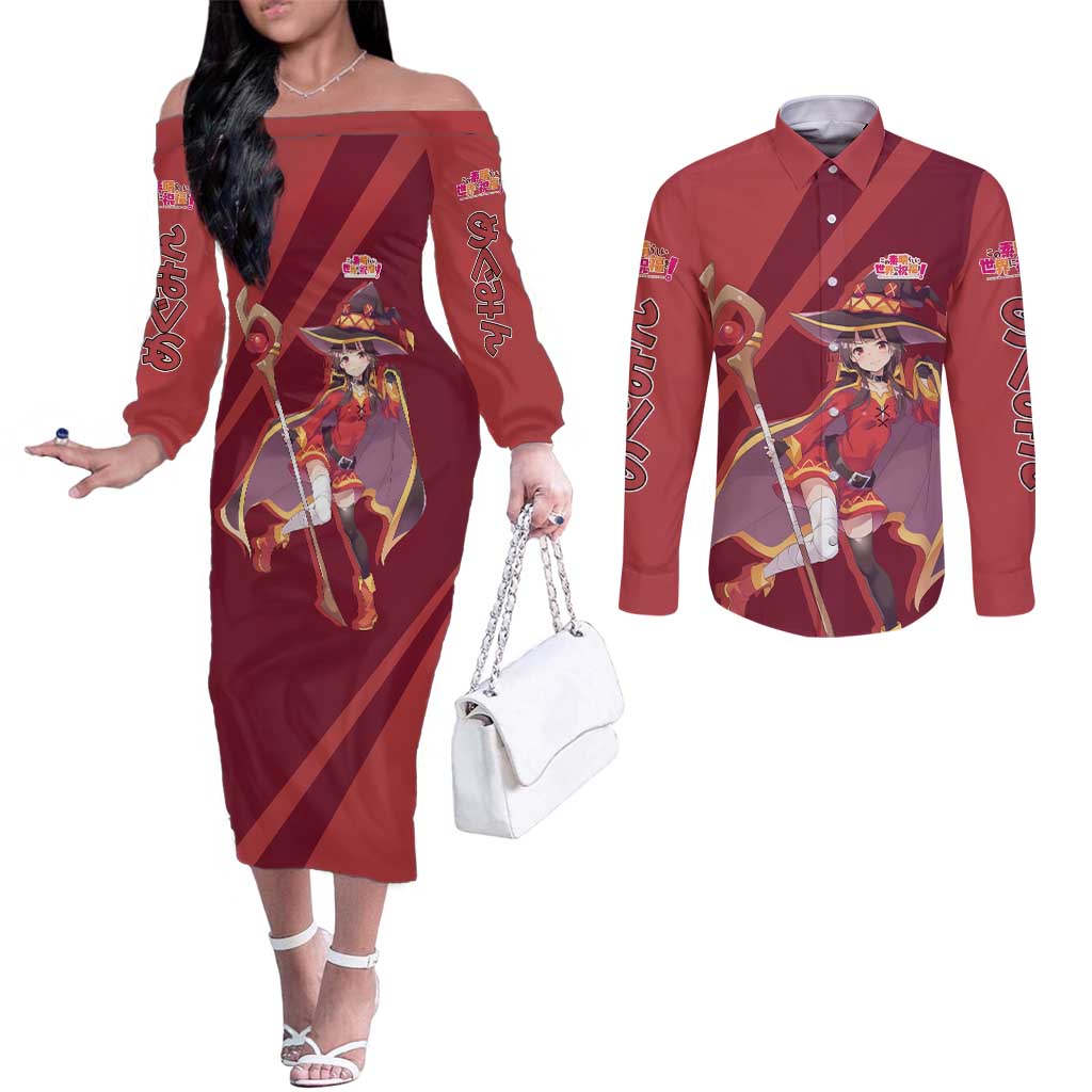 Megumin - KonoSuba Couples Matching Off The Shoulder Long Sleeve Dress and Long Sleeve Button Shirt Anime Style TS04