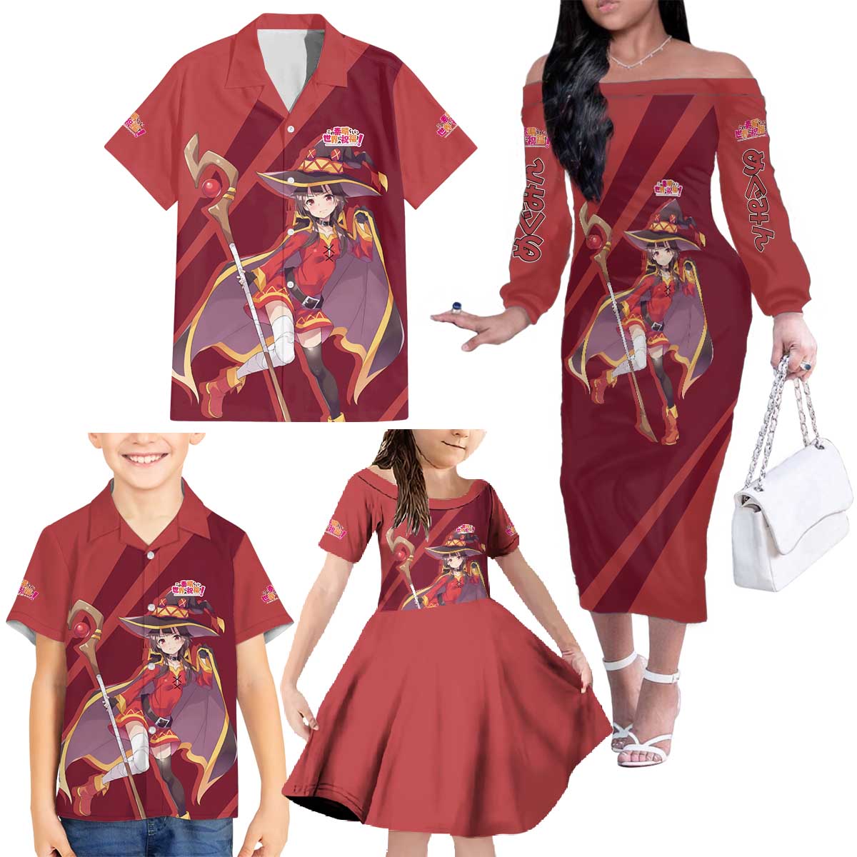 Megumin - KonoSuba Family Matching Off The Shoulder Long Sleeve Dress and Hawaiian Shirt Anime Style TS04