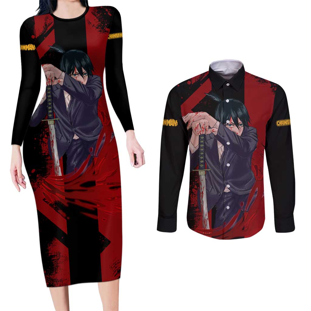 Aki Hayakawa - Chainsaw Man Couples Matching Long Sleeve Bodycon Dress and Long Sleeve Button Shirt Anime Style