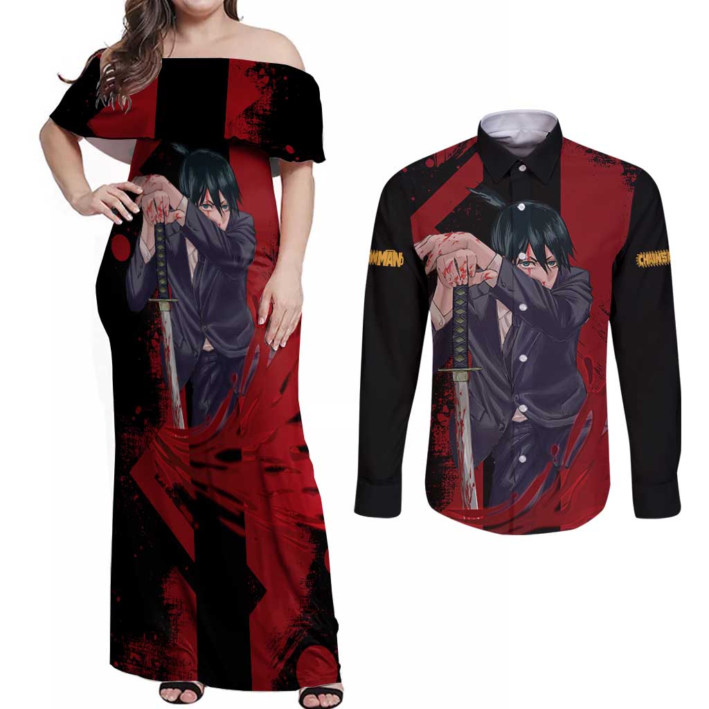 Aki Hayakawa - Chainsaw Man Couples Matching Off Shoulder Maxi Dress and Long Sleeve Button Shirt Anime Style