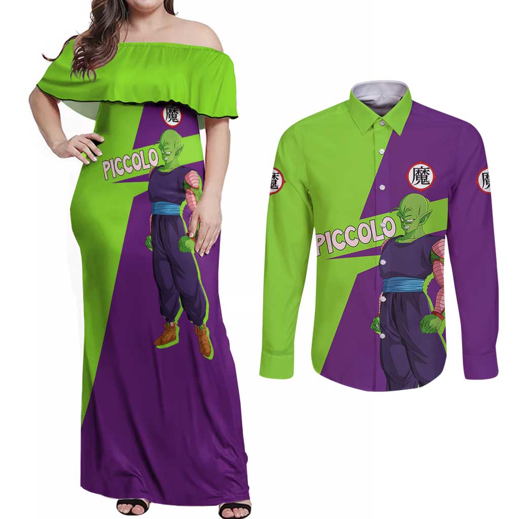 Piccolo - Dragon Ball Couples Matching Off Shoulder Maxi Dress and Long Sleeve Button Shirt Anime Style