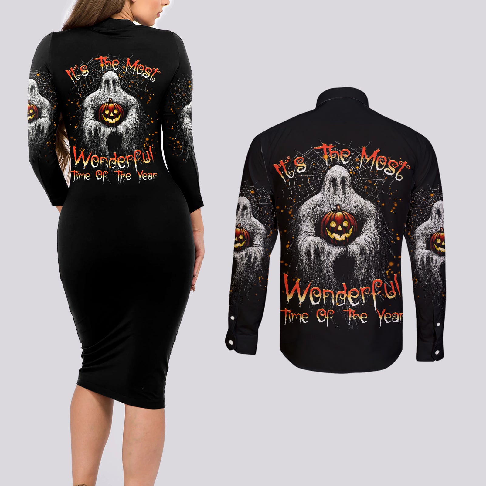 It's The Most Wonderful Time Halloween Couples Matching Long Sleeve Bodycon Dress and Long Sleeve Button Shirt TS04